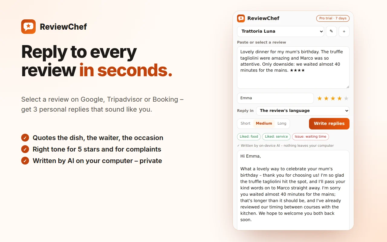 ReviewChef writing a reply to a restaurant review