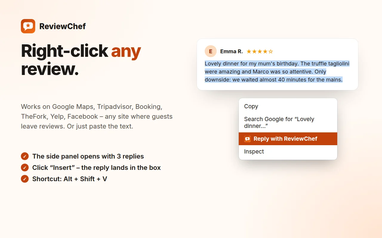 Right-click a review and choose Reply with ReviewChef