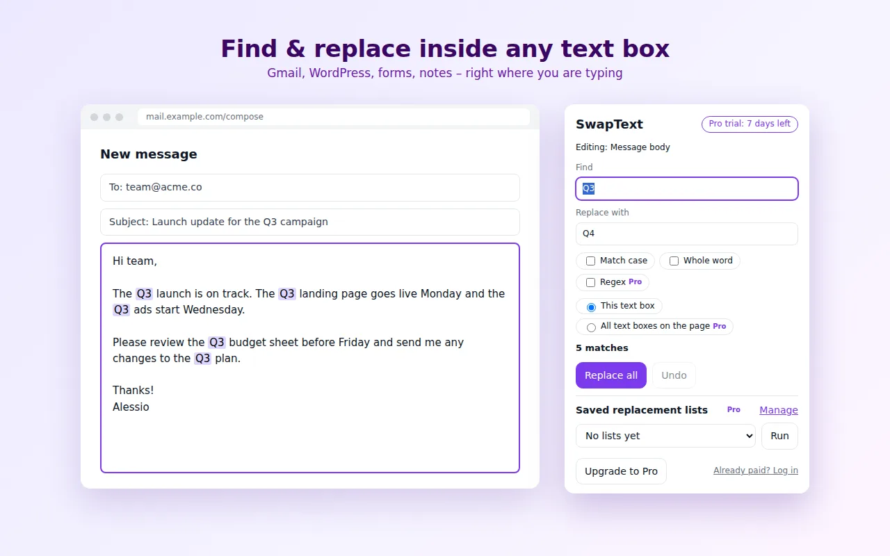 SwapText replacing text in an email