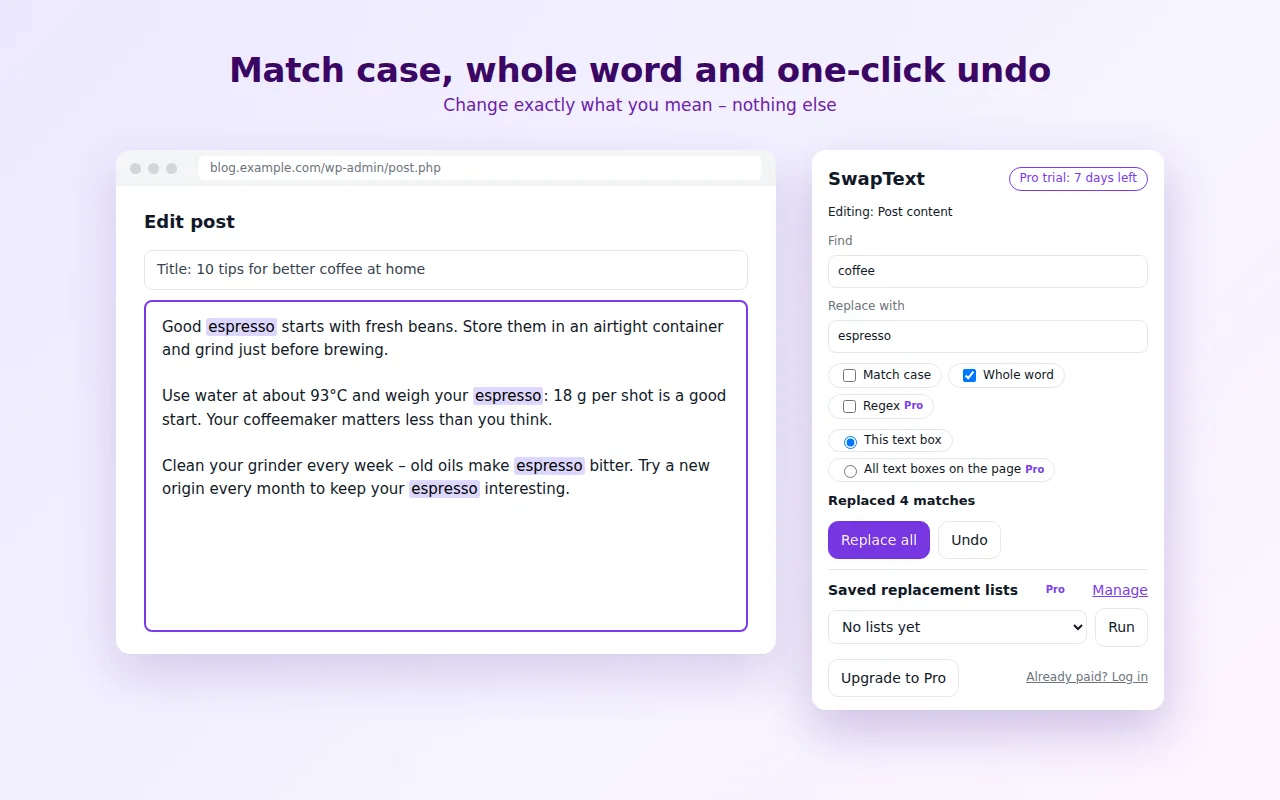 SwapText with match case and whole word